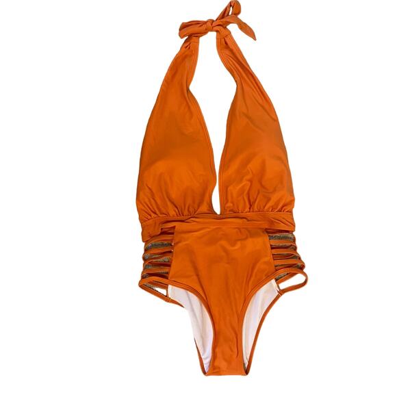 NWT Aqua Eve Small (4-6) orange one piece sexy cutout Deep plunge halter tie NEW - Picture 2 of 10